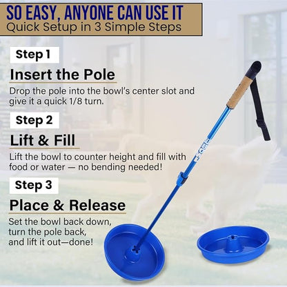 UpBowl™ No Bend Pet Bowl Kit – Pole & 2 Bowls | Easy Lift, Fill & Place Dog or Cat Bowls Without Bending