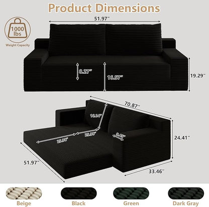 Cloud Loveseat Sofa, Modern Corduroy 2-Seater Couch with Deep Seat, No Assembly Required Memory Foam Sofa, Boneless Sofa in a Box for Bedroom, Apartment, Office,Small Space (Black,70.87in)