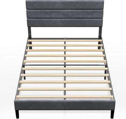 WLIVE Full Size Upholstered Bed Frame, Velvet Square Tufted Headboard,Sturdy Metal & Wooden Slats Support, No Box Spring Needed, Light Grey