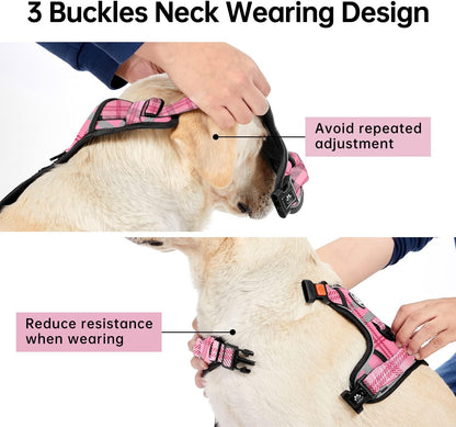 IVY&LANE No Pull Dog Harness with Leash Set, Reflective No Choke Pet Vest,Adjustable Oxford Dog Vest Harness with Easy Control Handle for Large Dogs (Checkered Pink,L)