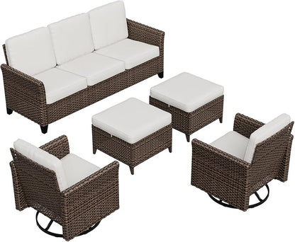 COOS BAY Harbor Retreat 5 Piece Outdoor Furniture Set, Patio Conversation Set with w/Swivel Rocking Chairs, 3 Seat Couch and Ottomans, Wicker Furniture, Brown/Beige
