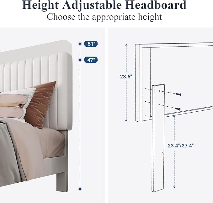 Allewie Full Bed Frame, Velvet Upholstered Platform Bed with Adjustable Vertical Channel Tufted Headboard, Mattress Foundation with Strong Wooden Slats, Box Spring Optional, Easy Assembly, Off-White