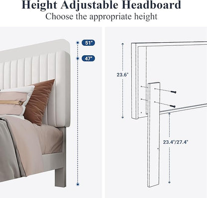 Allewie Full Bed Frame, Velvet Upholstered Platform Bed with Adjustable Vertical Channel Tufted Headboard, Mattress Foundation with Strong Wooden Slats, Box Spring Optional, Easy Assembly, Off-White