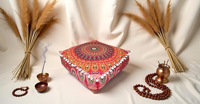 CRAFT KALA Red Peacock Large Hippie Mandala Meditation Floor Ottoman Pillow Cushion Pouf Cover Square Poufs Bohemian Circle Floor Cushion Case Outdoor Fireplace Yoga Living Room Decor Cover 16" Square