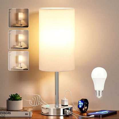 17.4Inch Bedside Touch Table Lamps for Bedroom - Tall Nightstand Lamp with USB-C USB-A Charging Ports White - 3 Way Dimmable Small Desk Lamp for Office, Dorm Room, Living Room, Reading
