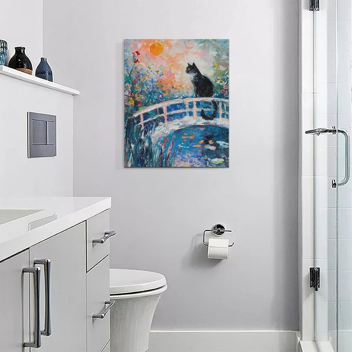 Quorin Black Cat Wall Art Water Lily Sunset Pictures Cat Wall Decor Impressionism Canvas Print Painting Artwork for Bathroom Living Room Bedroom 16"x20"