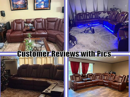 Dekmxas Leather Sectional 3-Piece Living Room Furniture Sets with LED Light, Power Recliner Sectional Sofa, Brown Power Reclining Sofa Couches Set with Cup Holder/Storage Console for Home Theater