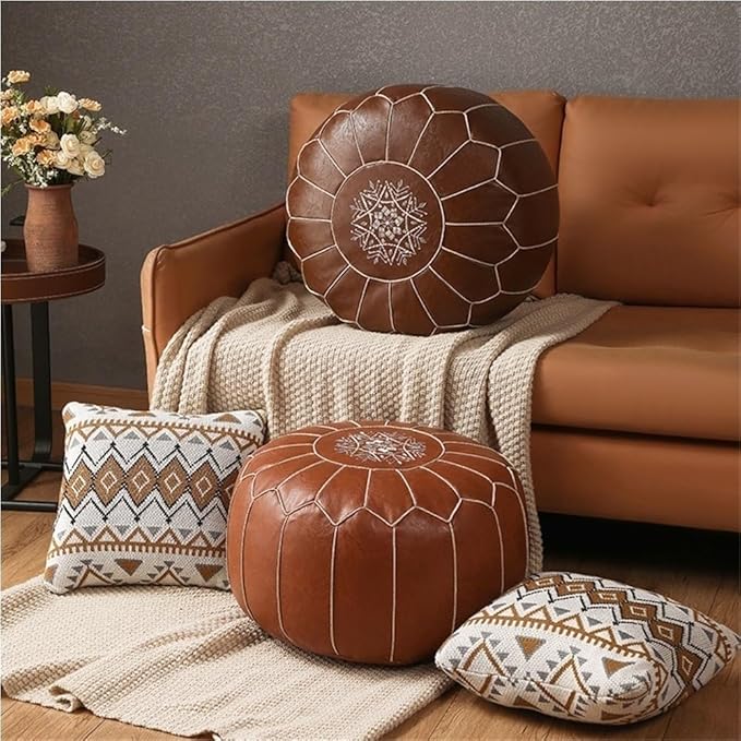 Vintage Leather Pouf Ottoman Round Meditation Cushion Floor Pouf Footrest Retro Fashion Style Floor Cushion for Living Room Heavy Duty(Brown)