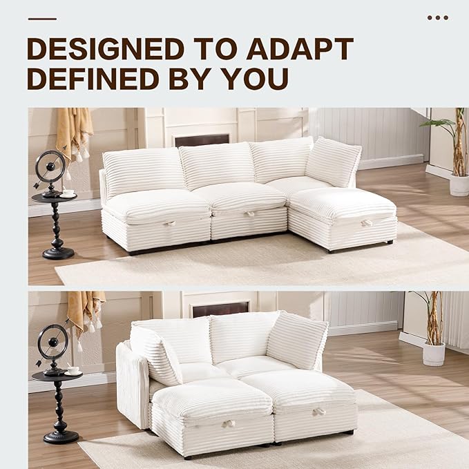FIRLZY 92" Modular Sectional 4 Seater Sofa with Removable Covers and Storage, Convertible L-Shaped and Sleeper Sectional, Modern Corduroy Couches with Ottoman Chaise for Living Room, Apartment, Gray