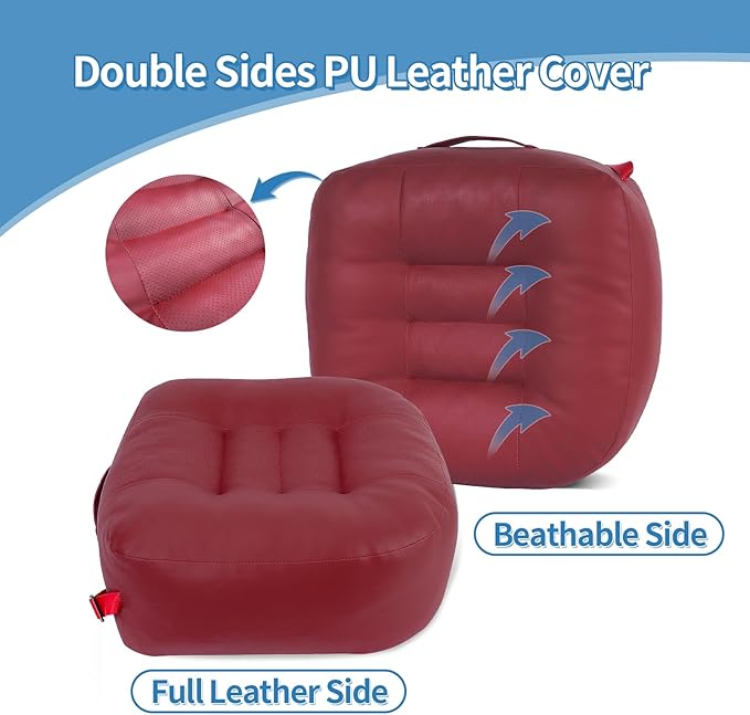 YOUFI Leather Seat Cushion Extra-Thick Booster for Office Chair to Rise Height - Full Filling for Support - with Breathable Cover, Handle and Buckle - Relieves Back Pain – 18"x16"x6" (Red)