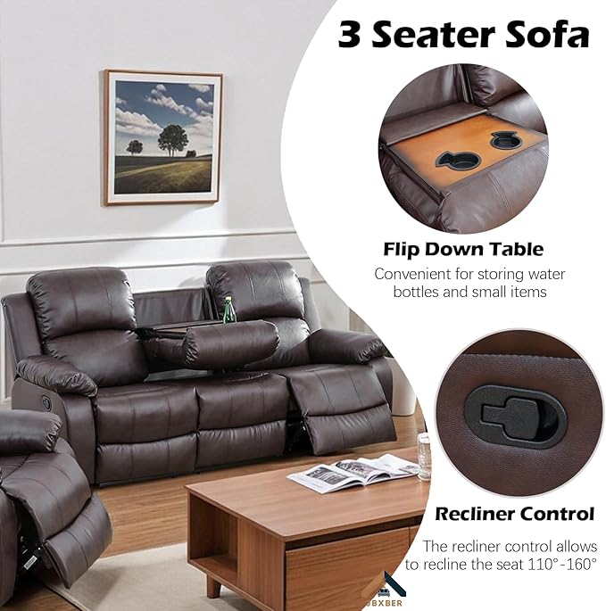 JBXBER Manual Recliner Sofa Set for Living Room, Leather Reclining Sofa Sets, Faux Leather Couch Set with Cup Holders, Drop-Down Table and Storage Console(Sofa and Loveseat,Brown)