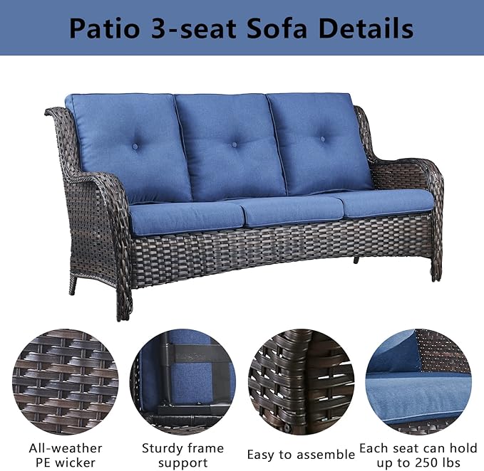 Belord 5 Piece Outdoor Patio Furniture Set - Wicker Furniture Patio Conversation Set, Outdoor Swivel Rocker Chairs with 3-Seater Sofa and 2 Ottomans for Small Space, Blue Cushion