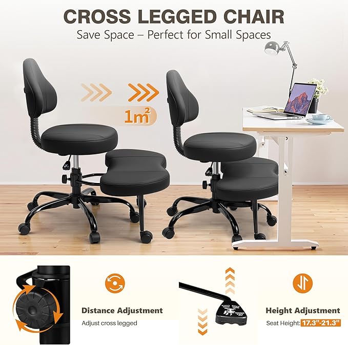 Cross Legged Office Chair, Criss Cross Desk Chair ADHD Meditation Kneeling Yoga Seat with Adjustable Height, Lumbar Support, Wider Footrest and Wheels (Black)