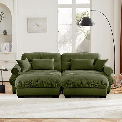 93.7" Loveseat Sofa, 2 Seater Modular Sectional Sofa, Olive Large U Shaped Sectional Couches for Living Room, Fluffy Couch, Love Seat, Velvet Cloud Couch with Ottoman, Deep Seat Sofas for Living Home