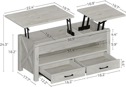 Seventable Coffee Table, 39.3" Lift Top Coffee Table with 2 Storage Drawers and Hidden Compartment, Retro Center Table with Wooden Lift Tabletop for Living Room, Gray