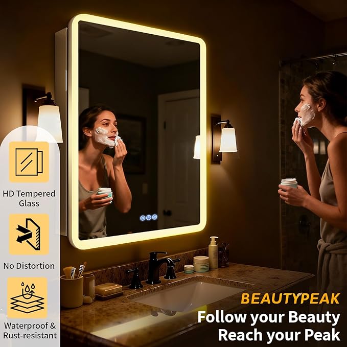 BEAUTYPEAK 24 x 32 LED Bathroom Medicine Cabinet Mirror, Adjustable Shelves
