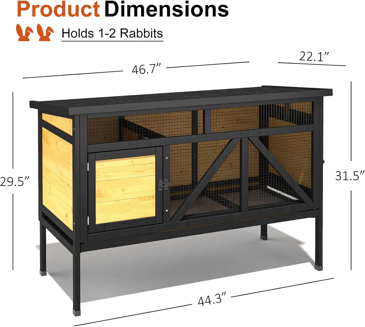 46.7" Rabbit Cage Elevated Bunny Cage Indoor, Outdoor Rabbit Hutch Hamster Cages for Small Animals, Wooden Guinea Pig Cages with Removable Tray & Waterproof Asphalt Roof & Bottom Wire Mesh
