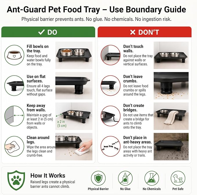 Marsui Ant Proof Pet Food Tray, Waterless Raised Cat Dog Bowl Stand with Adjustable Legs, No-Fill Physical Barrier for Indoor Feeding Station, Kitchen Sweets and Trash Area(43mm-75mm,Black)