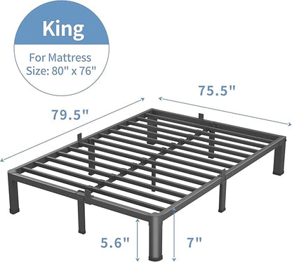 7 Inch King Size Bed Frame, 3500Lbs Heavy Duty Metal Platform with Round Corner Legs Mattress Slide Stopper, Steel Slat Support No Box Spring Needed, Noise Free, Non-Slip, Easy Assembly