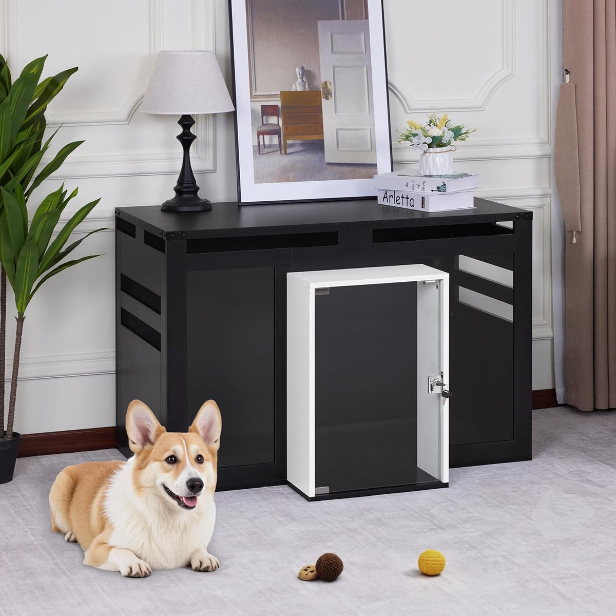 Lovupet Wooden Dog Crate Furniture, Villa Style Dog Kennel for Medium Breed with Glass Door and Acrylic Panels, GC34 (Black)