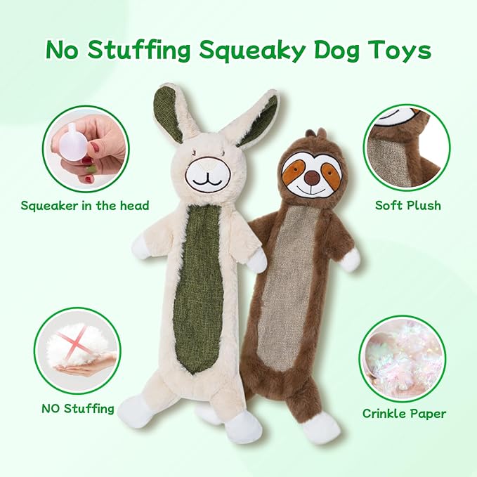 2 Pack Crinkle Squeaky Dog Toys for Aggressive Chewers, Less Stuffed Dog Toy to Keep Them Busy, Plush Interactive Pet Toys for Dogs, Tough Chew Toys for Small Medium Large Dogs