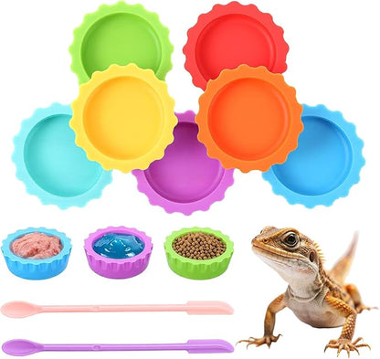 9 PCS Crested Gecko Food and Water Bowl Reusable Small Reptile Feeding Dish Gecko Tank Accessories for Hermit Crab Tarantula Isopods Lizard Easy Clean Silicone 7 Colors Includes Spoon