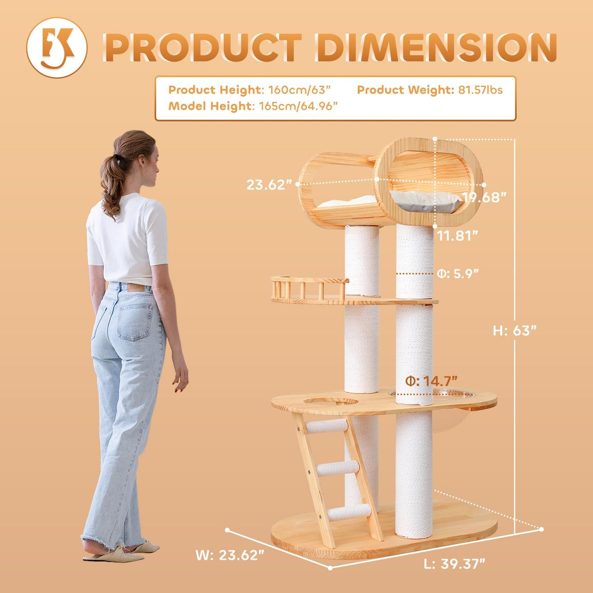 63.6'' Modern Cat Tree Indoor, Solid Wood Cat Tree with Scratching Post for Multi-Cat Families, Tall Cat Tower with Auxiliary Stairs, Huge Condo for Large Cats