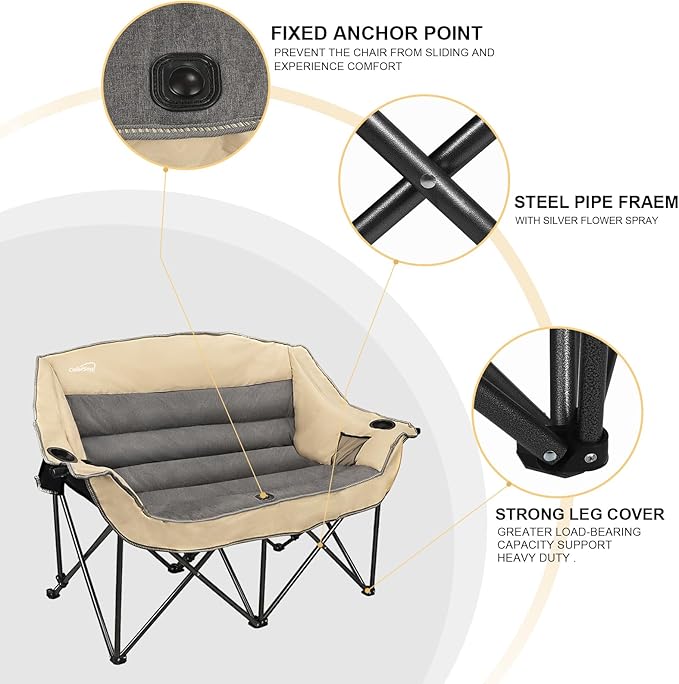 2 Person Fully Padded Camping Chair Oversized Loveseat Camping Chair Double Camping Chairs for Adults Heavy Duty Outdoor Camping Couch, Padded Seats & Armrests, 600Lbs, Beige