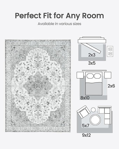 Amada 8x10 Area Rugs, Non-Slip Washable Rug with Low Profile, Durable Bound Edge, Soft Large Vintage Rug for Living Room, Bedroom, Dinning Room, Home Office,Silver Gray