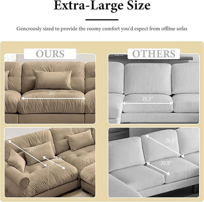 130" Oversized Couch, 3 Seater Sectional Couches for Living Room, Camel Velvet Large L Shaped Fluffy Modular Couch Set