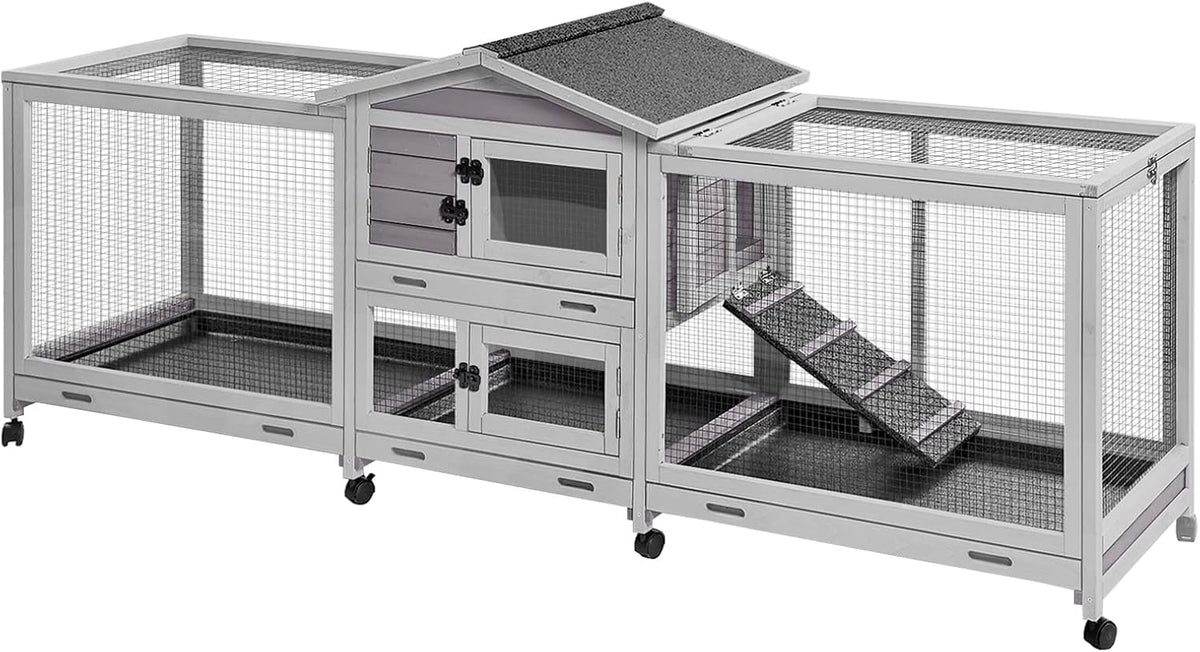 GUTINNEEN Rabbit Hutch Guinea Pig Cage with Double Run Indoor Bunny Hutch Outdoor Rabbit House with Deeper No Leak Trays and Wheels