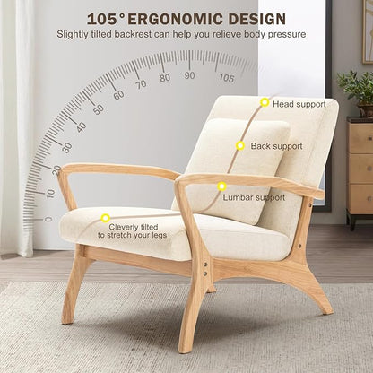 ELUCHANG Accent Chair Mid-Century Modern Chair with Lumbar Pillow, Upholstered Armchair Premium Linen Fabric Comfy Reading Chair, Lounge Side Chair for Living Room Bedroom Sunroom Apartment, Set of 2