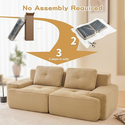 80" Modern Corduroy Boneless Love Seat Couches, 2 Seater Large Sectional Couches for Living Room, Camel Cloud Modular Sectional Sofa, Memory Foam, Extra Deep Loveseat, No Assembly