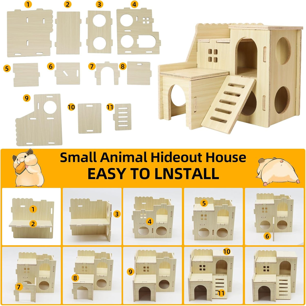 Tiny Hamster Maze Wood House with Slide House, Hamster Hideout Cage Accessories, for Dwarf Gerbils and Mouse Mice Rat Other Small Animals(Only Suitable for Hamsters)