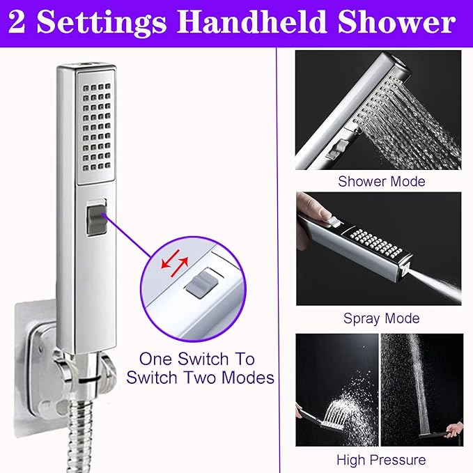 8"High Pressure Square Rain Shower Head and 2-in-1 Hand Shower.Equipped