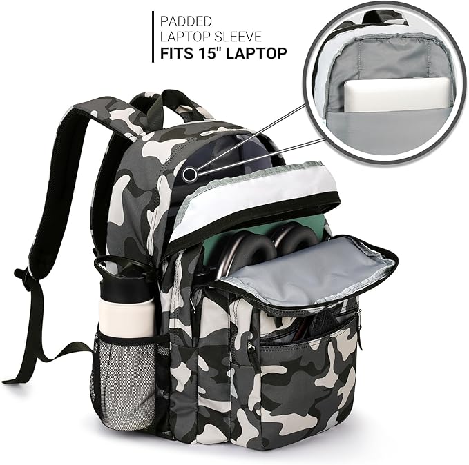 ZORFIN 26L Backpack for College, and Travel: Water Resistant Bookbag - Camo Black