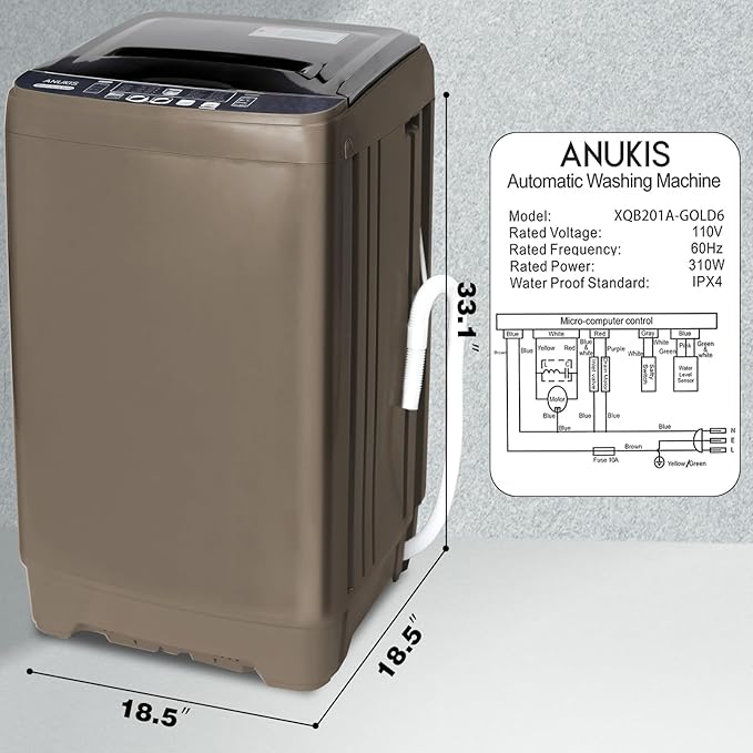Anukis Fully Automatic Washing Machine, 13 lbs Capacity Compact Laundry Washer