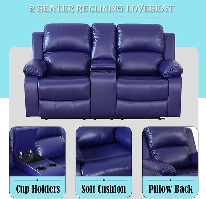 Caberryne Leather Recliner Sofa，Reclining Sofa for Living Room Furniture Sets，Purple Wall Hugger Recliner Couch with Cupholder for Living Room/Office/Theater Seating(3 Seater Sofa)