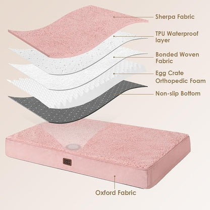 EHEYCIGA Orthopedic Dog Bed Large with Removable Washable Cover, 44IN Pink | Egg Crate Foam Support, Durable Oxford fabric, Non-Slip Bottom, Machine Washable, Soft Waterproof Plush Pet Bed Mat For Crate