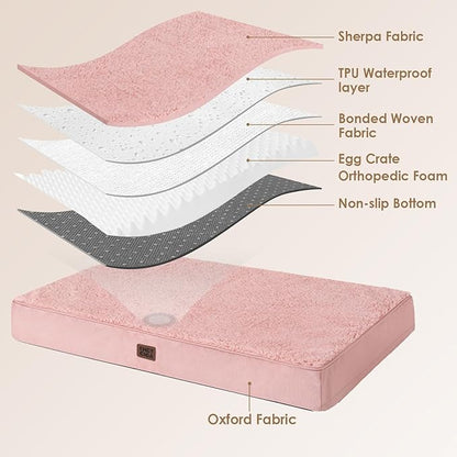 EHEYCIGA Orthopedic Dog Bed Large with Removable Washable Cover, 35IN Pink | Egg Crate Foam Support, Durable Oxford fabric, Non-Slip Bottom, Machine Washable, Soft Waterproof Plush Pet Bed Mat For Crate