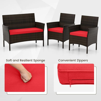 HAPPYGRILL 4 Pieces Outdoor Rattan Conversation Set, Patio Wicker Furniture Set with Loveseat Chairs & Tempered Glass Coffee Table, Outside Sectional Sofa Set for Backyard Garden Poolside, Red