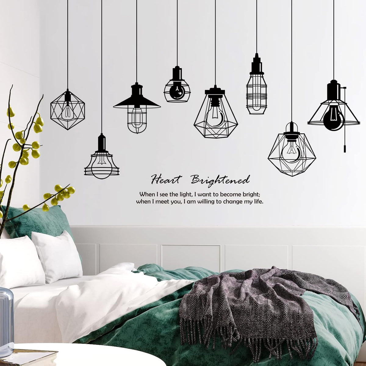 Removable 8pcs Hanging Black Vinyl Chandeliers Wall Sticker Quotes Heart Brightened Wall Decal DIY Peel and Stick Decor for Kids Boys and Girls Bedroom Living Room Studyroom Playroom Classroom
