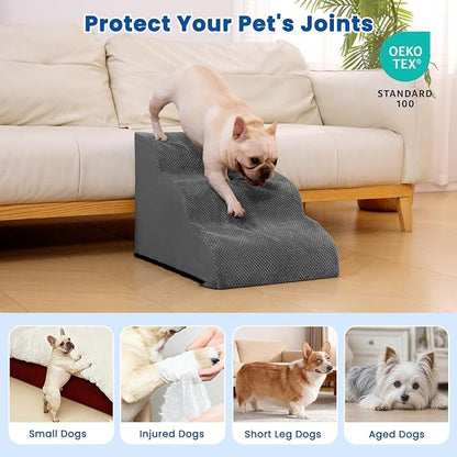 Dog Stairs for Small Dogs & Cats,3 Steps Non-Slip Pet Ramp for Couch,15.7"H | Airpanda Pet Stairs with Washable Cover & High-Density Foam,Gentle Curved Design,Ideal for Senior & Short-Legged Dogs,Grey