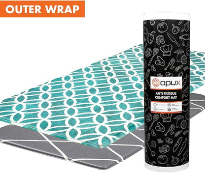 OPUX Anti Fatigue Kitchen Floor Mat, Reversible Cushioned Memory Foam Kitchen Rug Pad, Waterproof Non-Slip Padded Comfort Standing Mat Office Laundry Home, 32x17 (Geometric Teal Gray)