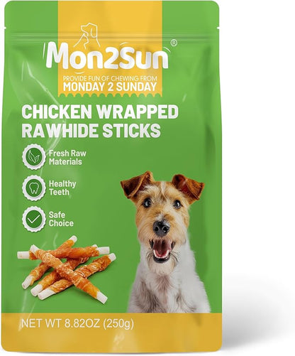 MON2SUN Dog Treats, 5 Inch Rawhide Twist Chicken Hide Sticks, Suitable for Puppy and Small Dogs, 5 Inch (Chicken, Pack of 25)