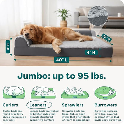 Furhaven Orthopedic Dog Bed for Large Dogs w/ Removable Bolsters & Washable Cover, For Dogs Up to 95 lbs - Two-Tone Plush Faux Fur & Suede L Shaped Chaise - Stone Gray, Jumbo/XL