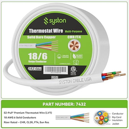 Syston 18/6 Thermostat Doorbell HVAC Heating Control Cable Wire, 18 AWG 6