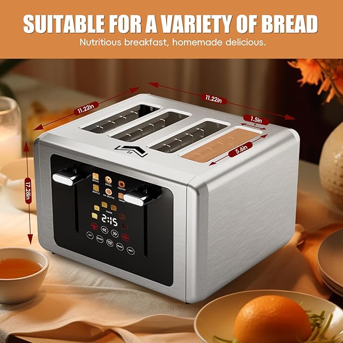 4 Slice Toaster, Touchscreen & Dual Independent Control Panel，5 Basic Functions