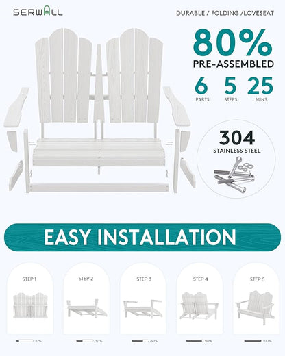 SERWALL Folding Adirondack Bench, HDPE All-Weather Adirondack Loveseat, 660 lbs Capacity, Foldable Outdoor Patio Bench for Deck, Lawn, Garden, White