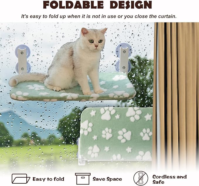 Cat Window Perch, Foldable Cat Window Hammock with Cute 3D Textured Flower Cover, Breathable Mesh Cover and Strong Suction Cups, Cordless Window Seat Bed for Indoor Cats (Green, Medium)